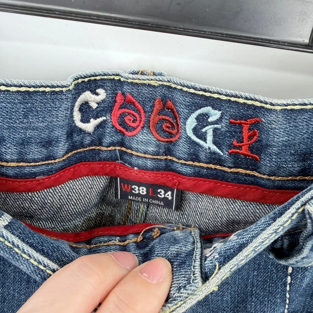 Coogi Mens Embroidered Back Pocket Jeans Blue Medium Wash Denim 38x32 Streetwear